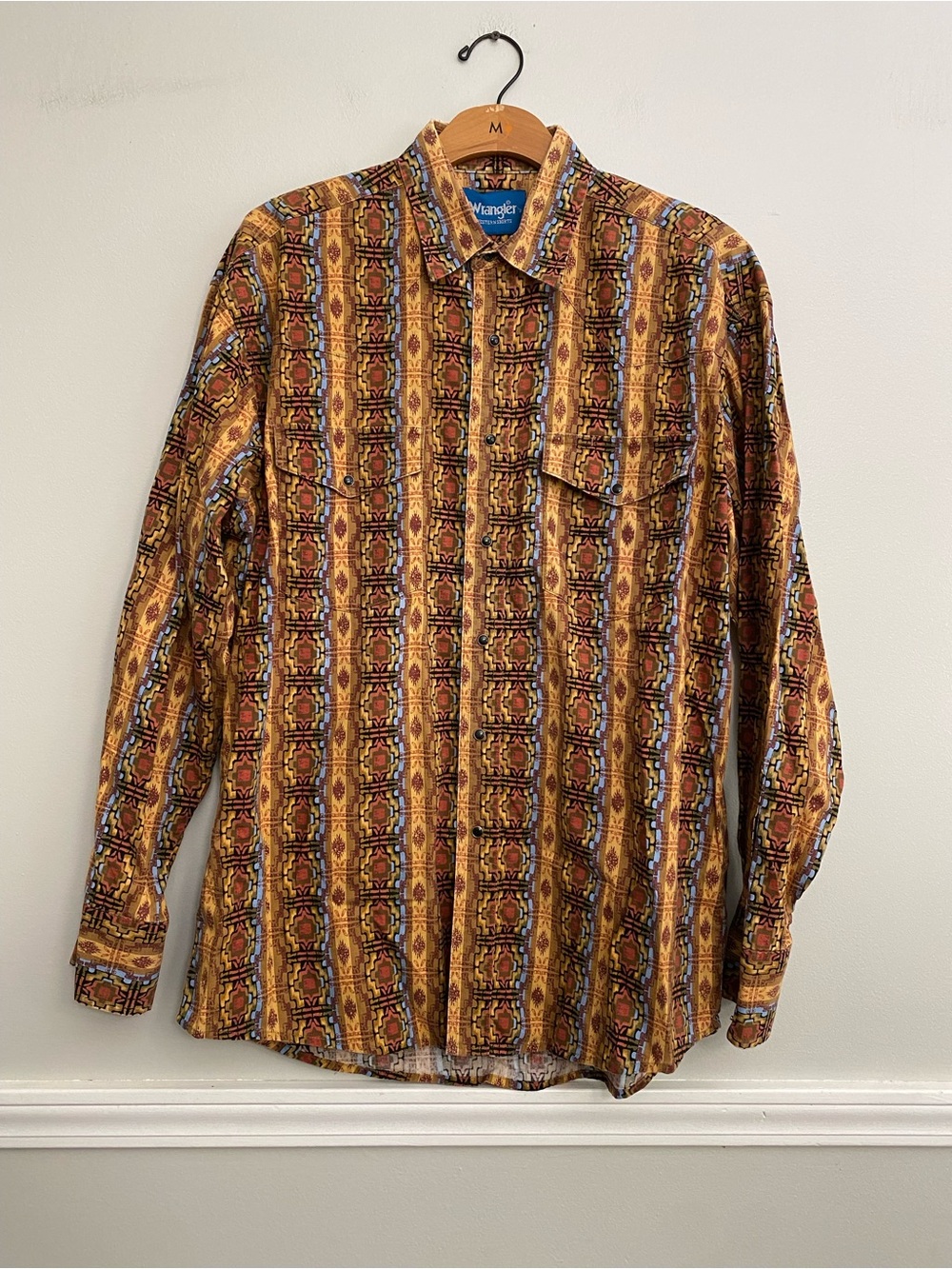 Vintage Wrangler Western Brushpopper Pearl Snap Long Sleeve Aztec Yellow - XL